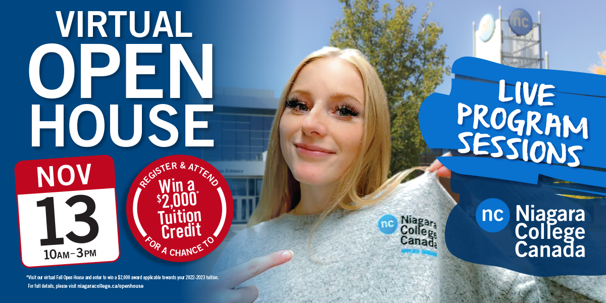 A graphic promoting the College's Virtual Open House on November 13 includes a photo of a student with long blonde hair pointing to a Niagara College logo on her grey sweat shirt with the college in the background
