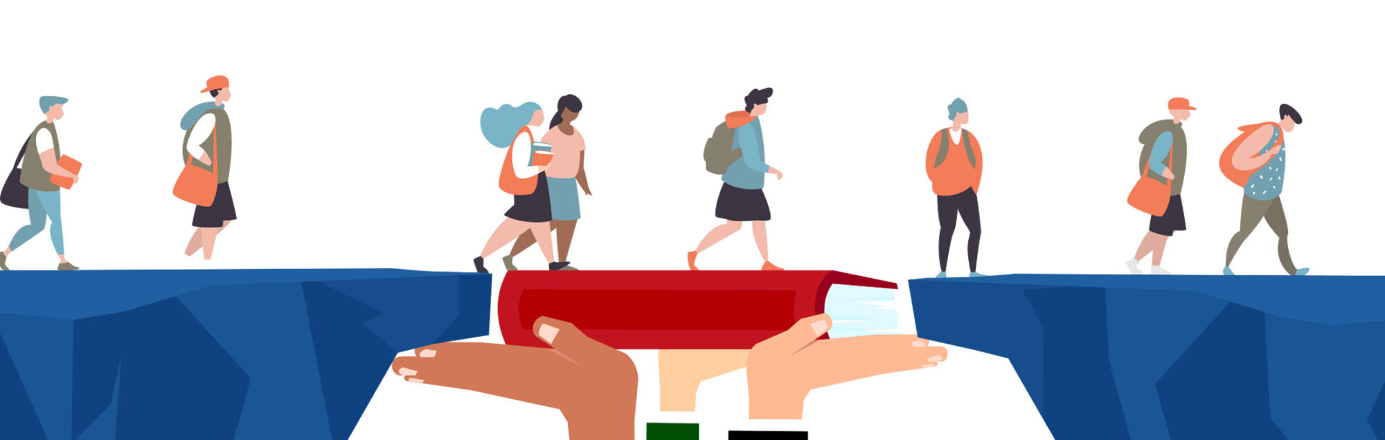 Illustration of students walking over a bridge of books