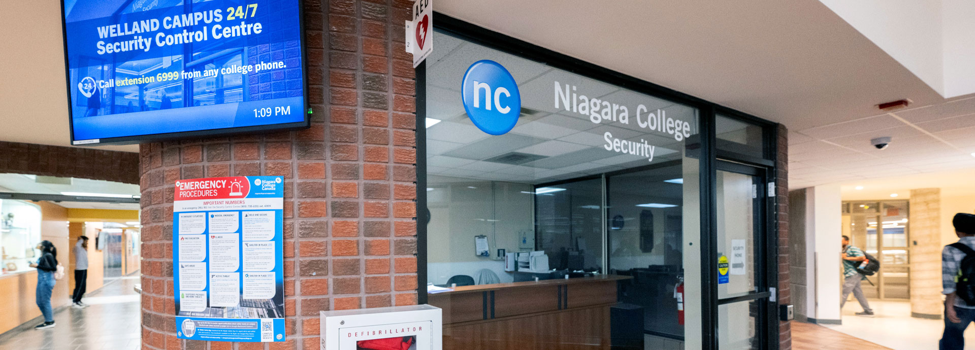 Campus Security office in Welland, with 24/7 Control Centre and defibrillator