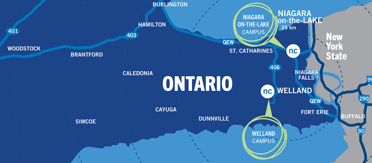 Stylized map indicating the locations of the Welland and Niagara-on-the-Lake campuses within Ontario