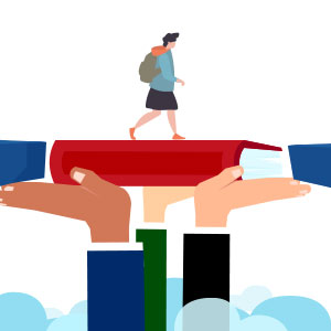 Illustration of a student walking over a bridge of books
