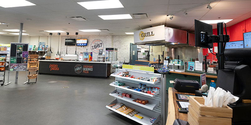 The NOTL servery area, showing Pizza Pizza and other food options