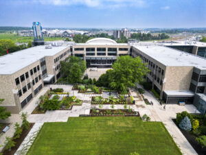 A drone level view of the NOTL campuses courtyard and memorial gardens