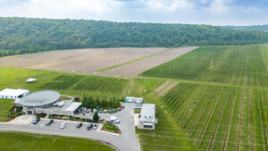 A sky high view of the NC Wine Visitor and Education Centre surrounded by acres of vineyards